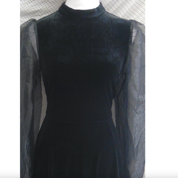 NEW ASTR Black VELVET High Neck SHEER Puff Sleeve COCKTAIL Mini DRESS S - Picture 6 of 16